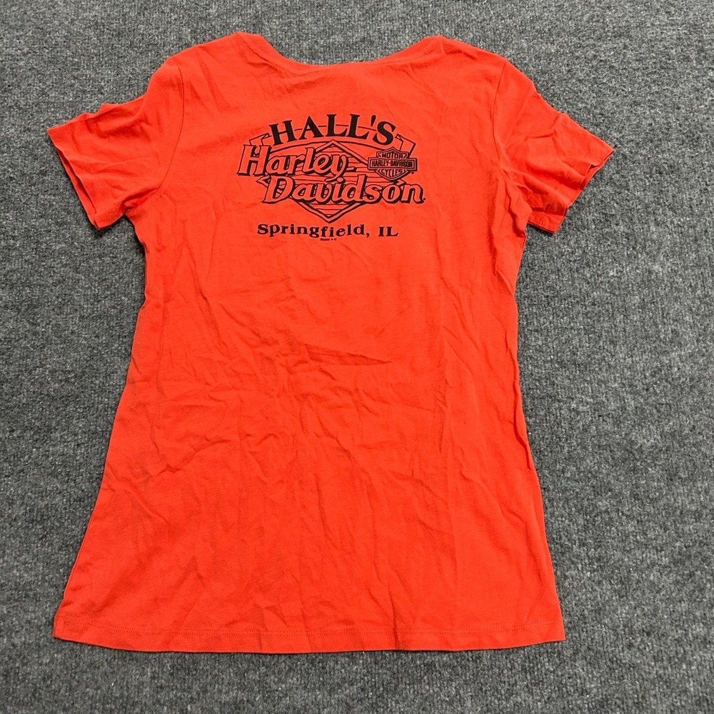 Harley-Davidson T-Shirt Womens Size M Orange Cotton Embossed Logo Springfield IL